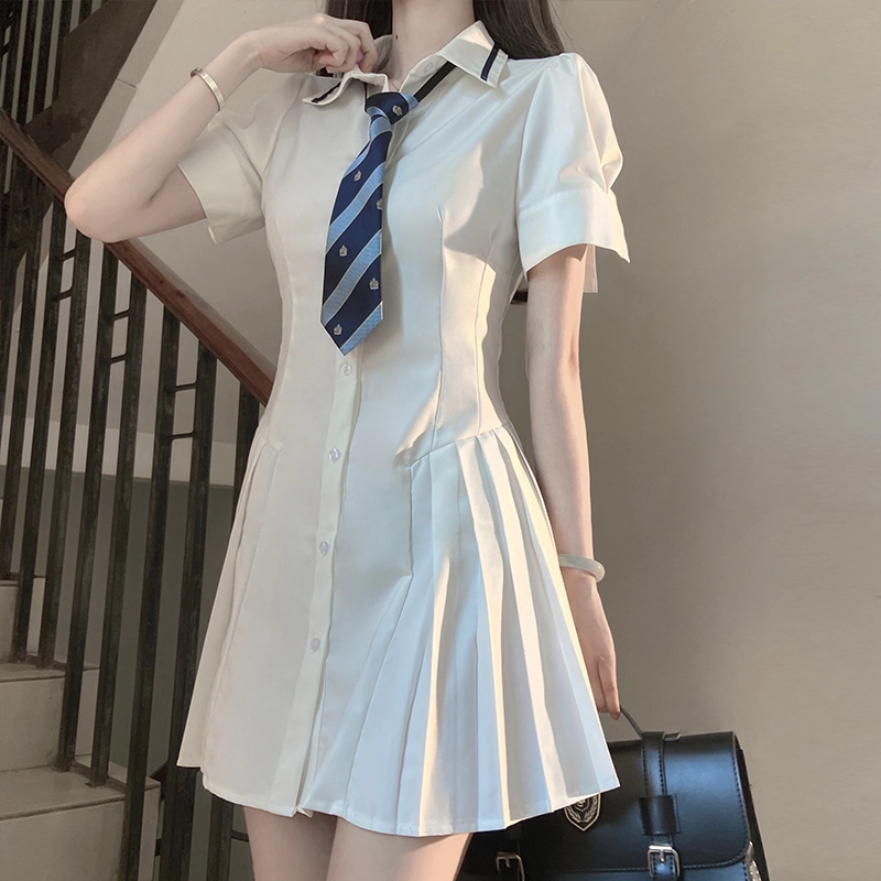九条喵 小白川 纯色收腰衬衫式百褶短袖制服连衣裙 白色 开学季