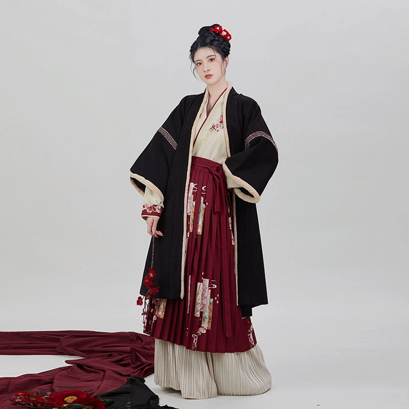 织造司 四花牌 长褙子飞机袖合身中长款合围裙一片式褶裙 冬汉服 女款