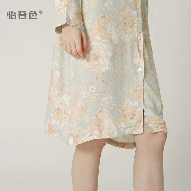 怡吾色 睡衣女 休闲小尖领长袖睡裙 清新印花波点家居服睡裙