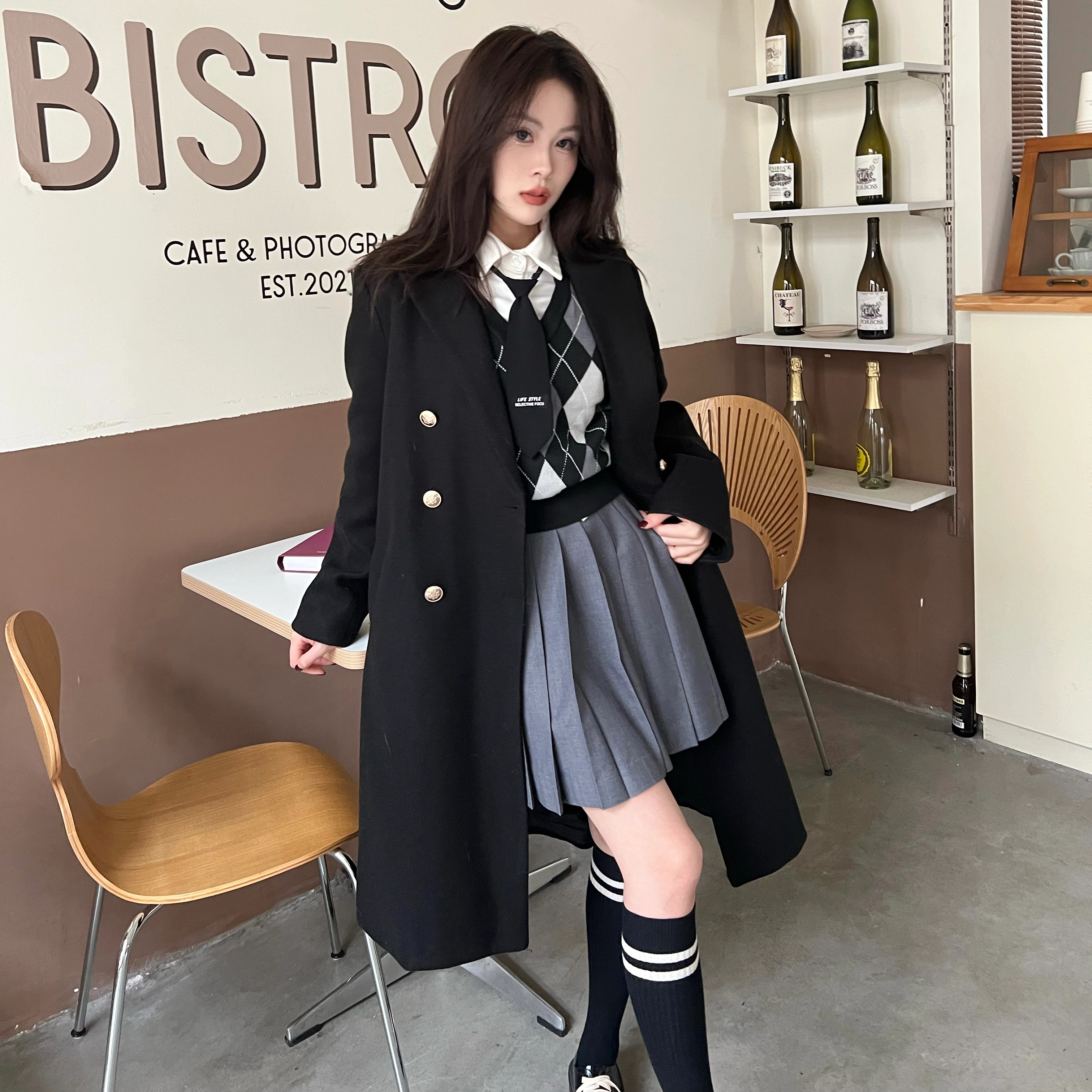 九条喵 长款纯色西装毛呢大衣外套菱形毛衣背心半身裙制服套装 女款
