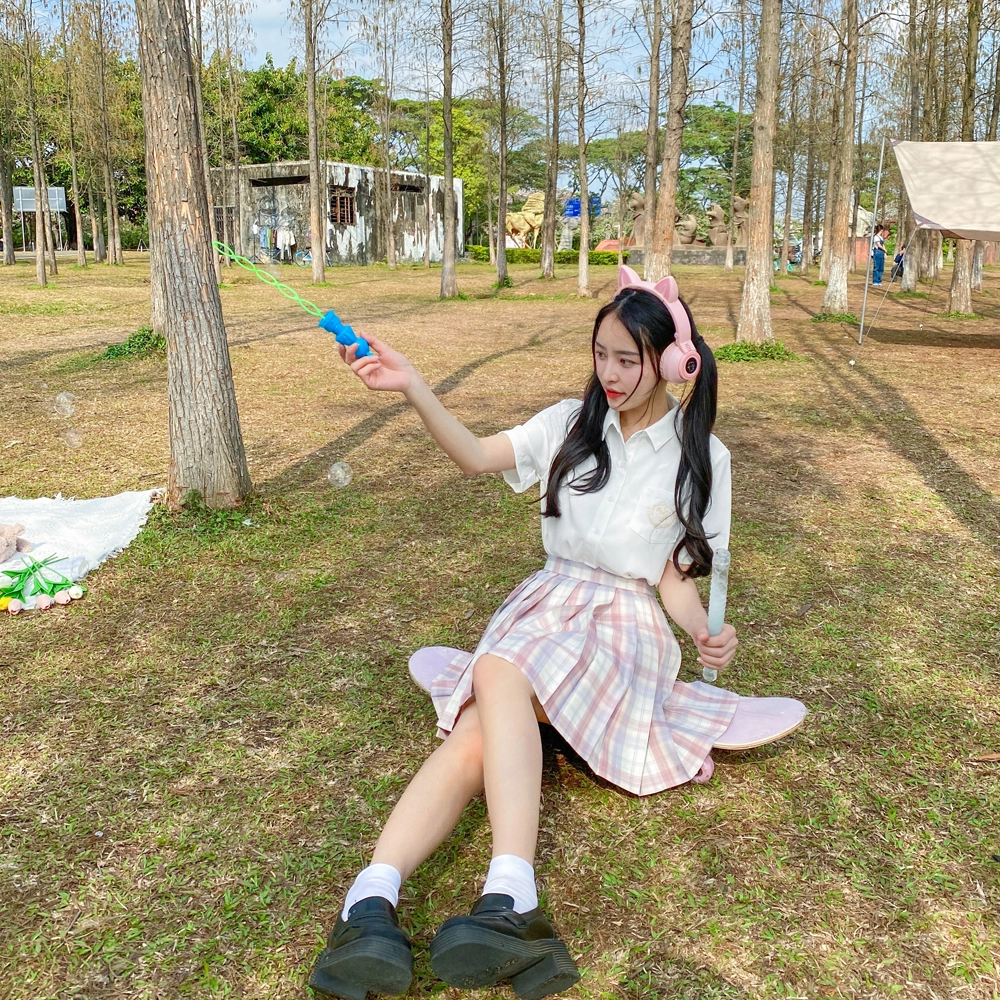 情人节女朋友 兔半眠 纯色短袖衬衫格裙制服套装 女款