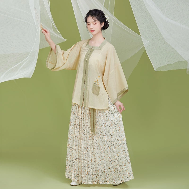 织造司 种花得花 国风汉元素方领半袖衫褶裙夏季日常原创明制汉服 女款 杏色