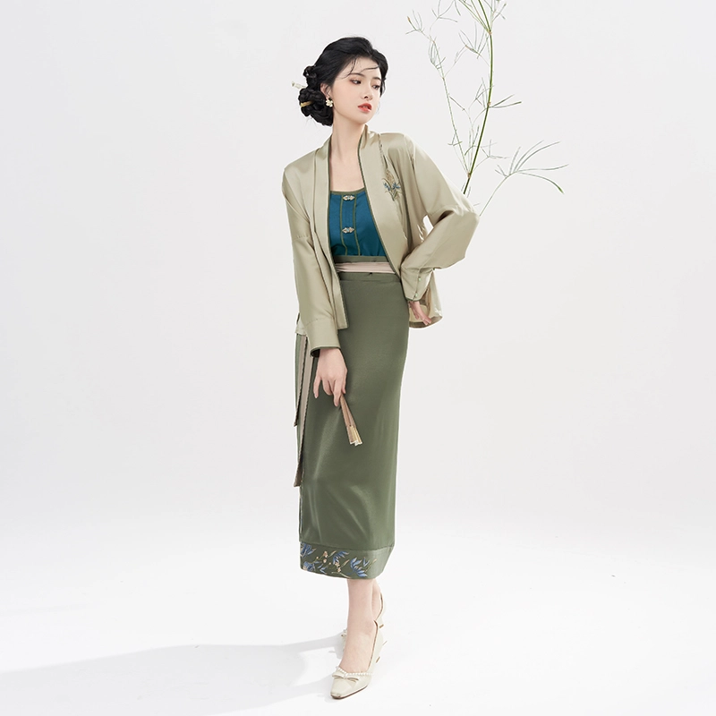 织造司 解幽 花卉刺绣开衫飞机袖修身改良主腰旋裙汉服 女款 灰绿色