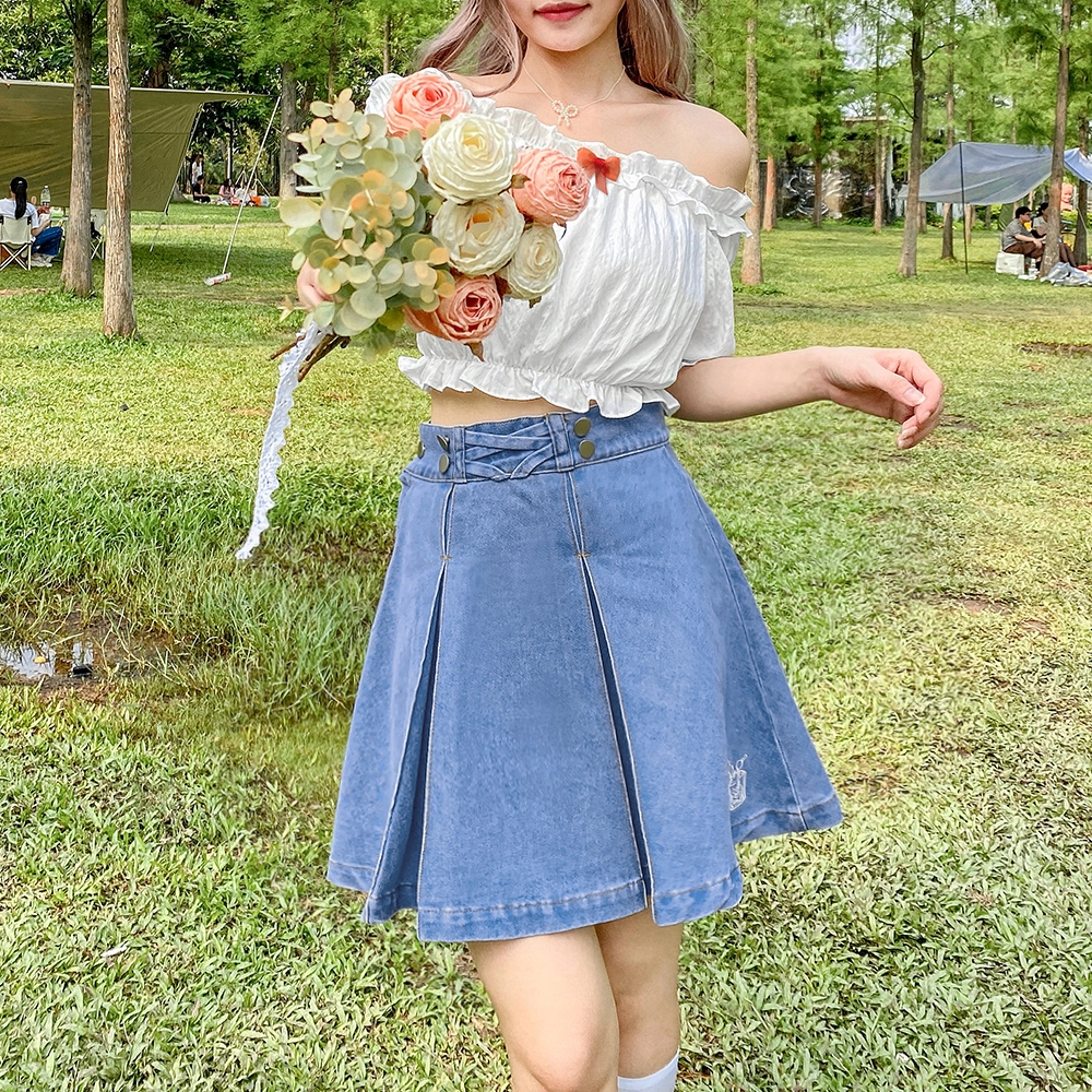 兔半眠 纯色吊带短袖上衣牛仔百褶裙制服套装 女款 开学季