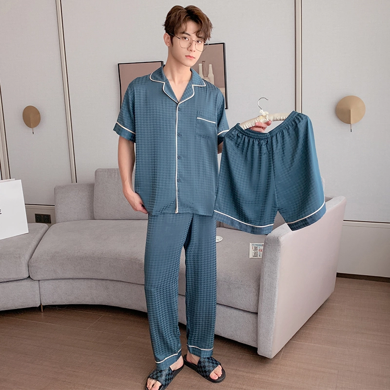 棉基因 夏季冰丝短袖三件套睡衣 翻领开衫千鸟格家居服套装 男款 灰绿色