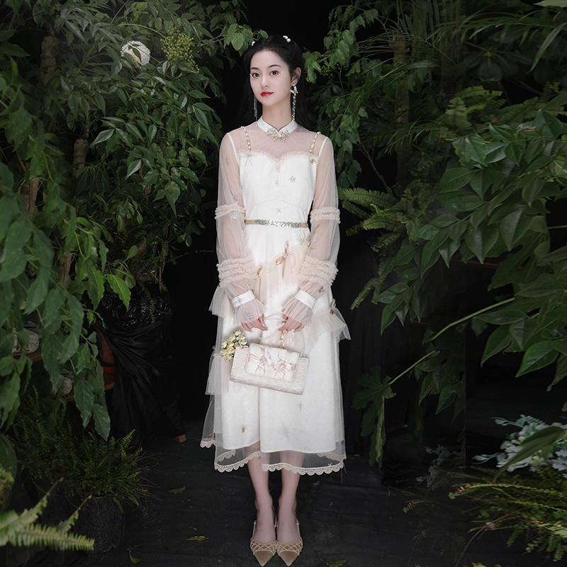 槿爷东方 星星网纱蝴蝶结长袖连衣裙 女款 米色