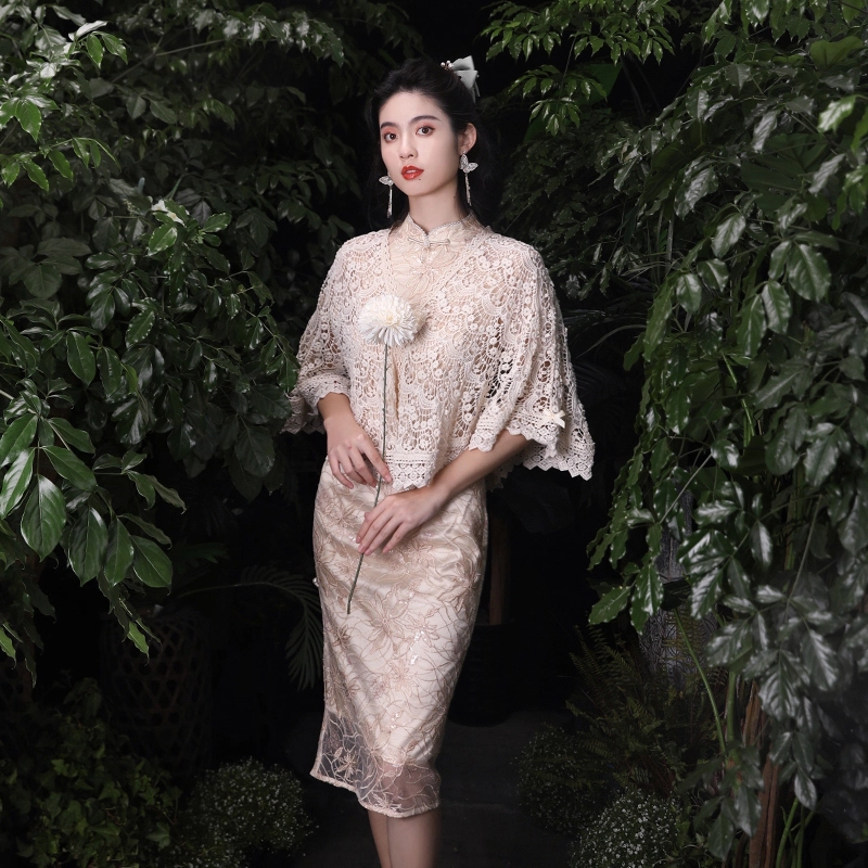 槿爷东方 中式复古花卉刺绣短袖旗袍 女款 杏粉色