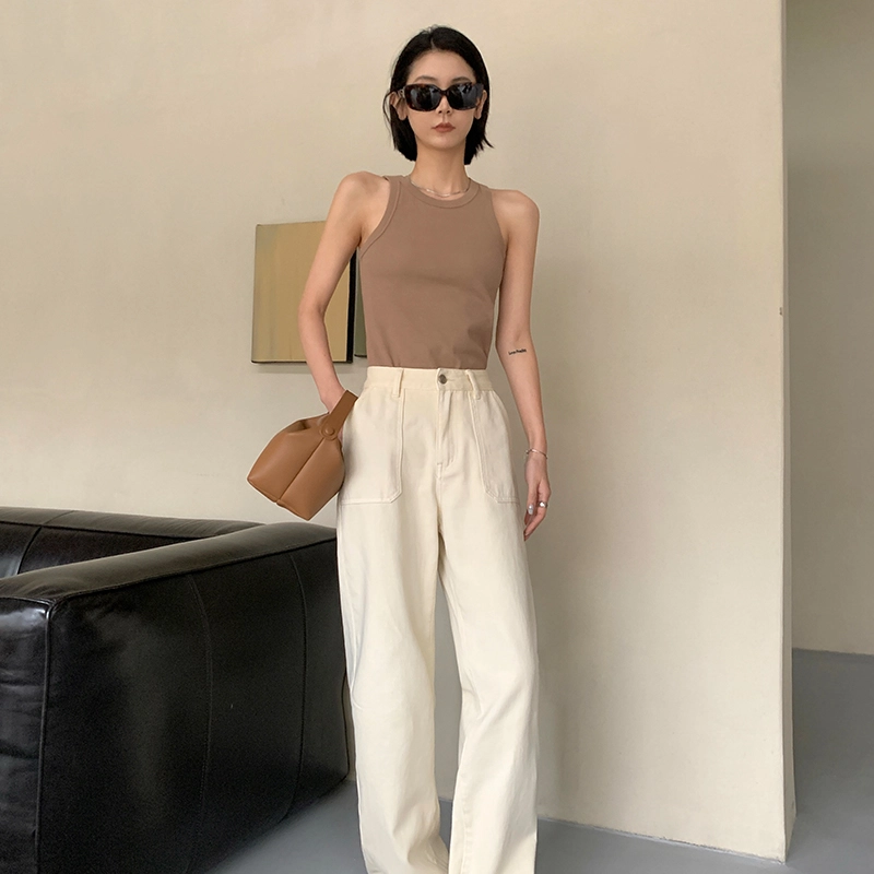 周淼 纯色阔腿宽松高腰直筒牛仔裤 女款 白色
