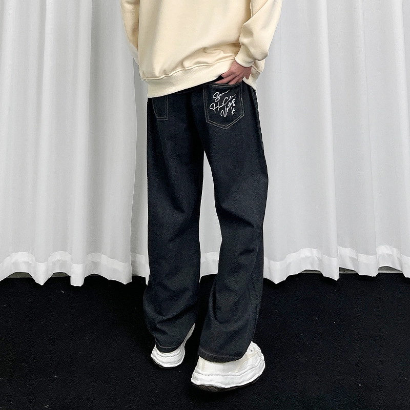 绘承 手写体字母后袋印花宽松直筒休闲牛仔裤 春季 男女同款
