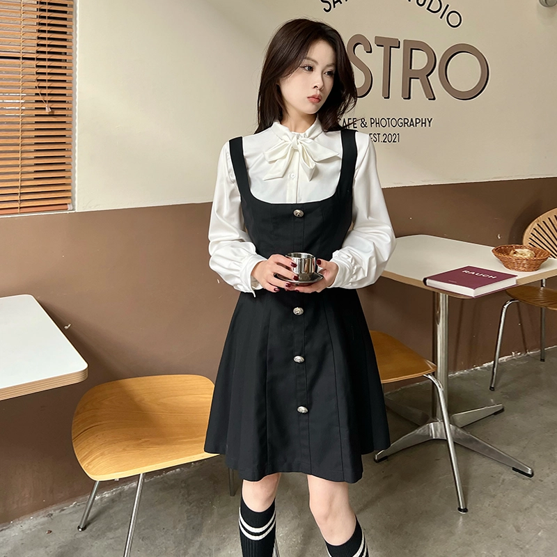 九条喵 蝴蝶结纯色单排扣长袖衬衫 女款 白色