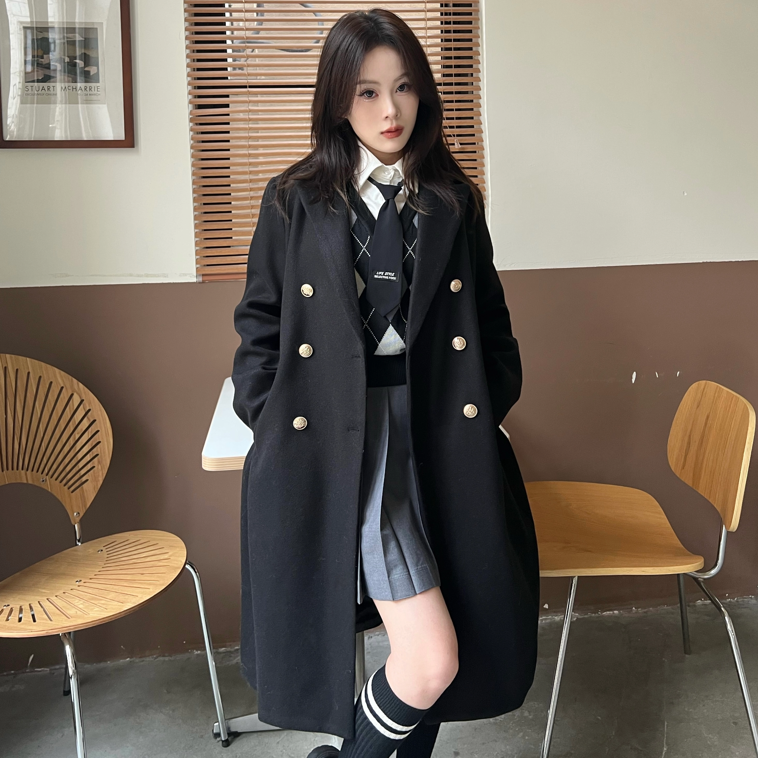 九条喵 长款纯色西装毛呢大衣外套菱形毛衣背心半身裙制服套装 女款