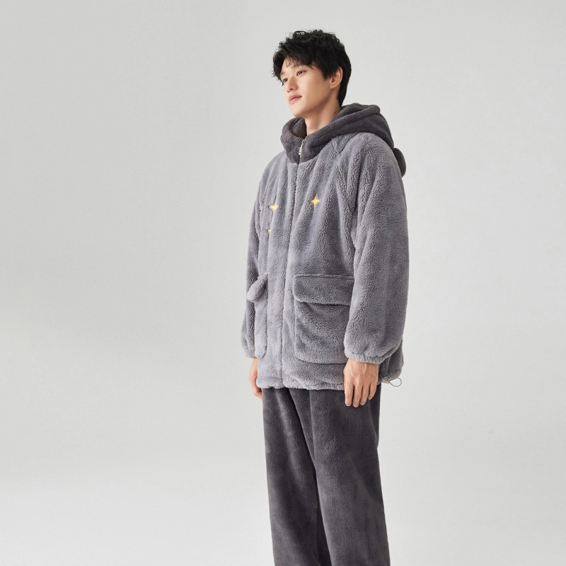 亲嘴猫秋冬加厚男士连帽家居服可外穿
