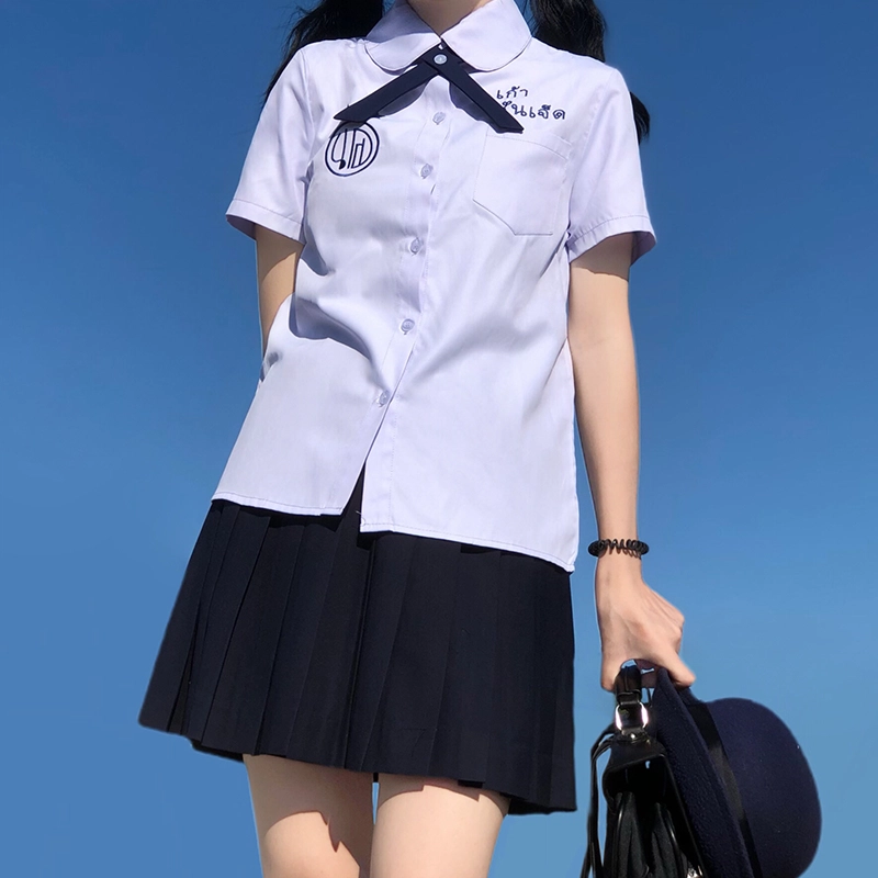 九条喵 字母刺绣领结短袖衬衫制服上装 女款 紫色