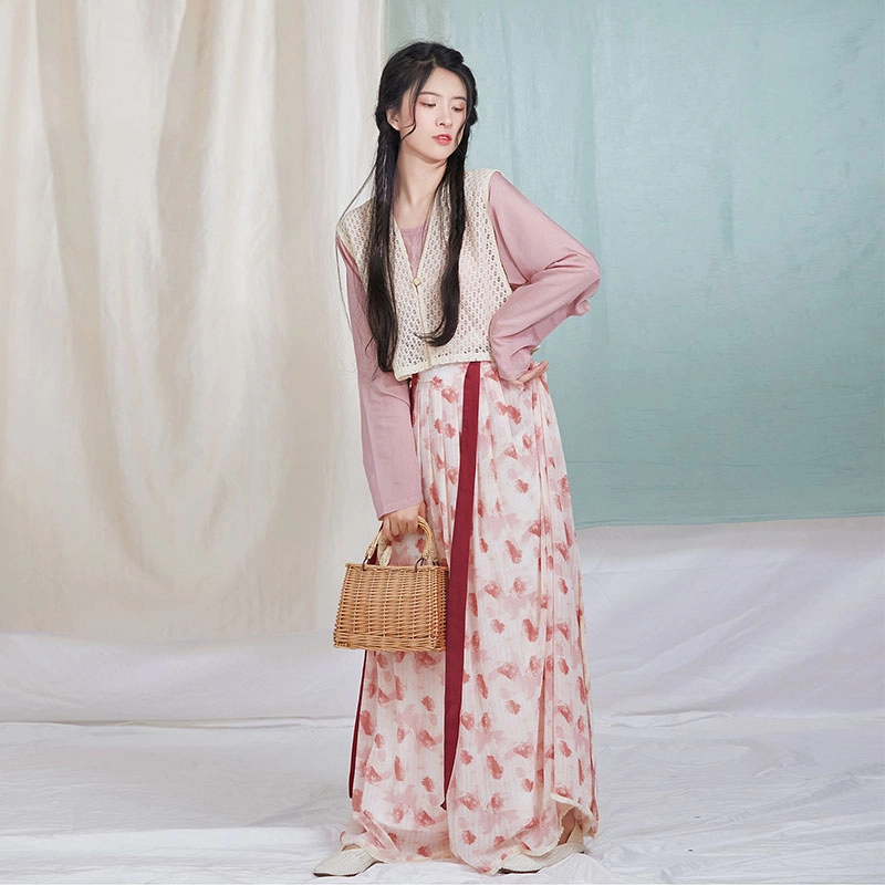 织造司 树莓 纯色轻薄透气圆领衫日常简约原创唐制汉服 女款 浅粉色