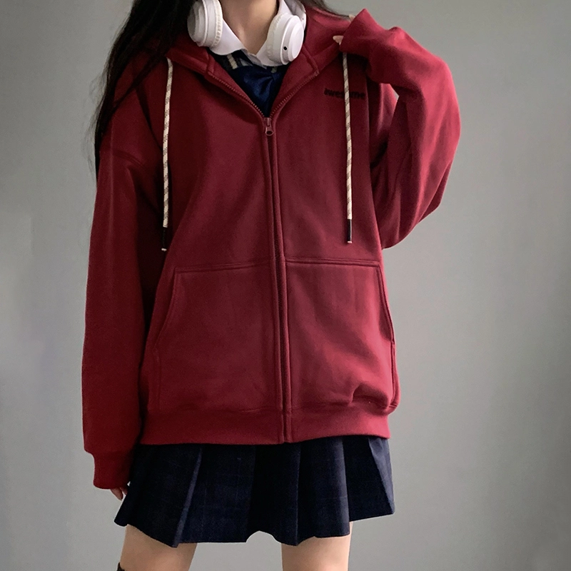 东鲸岁时记 纯色拉链宽松字母刺绣加绒开衫连帽卫衣 女款