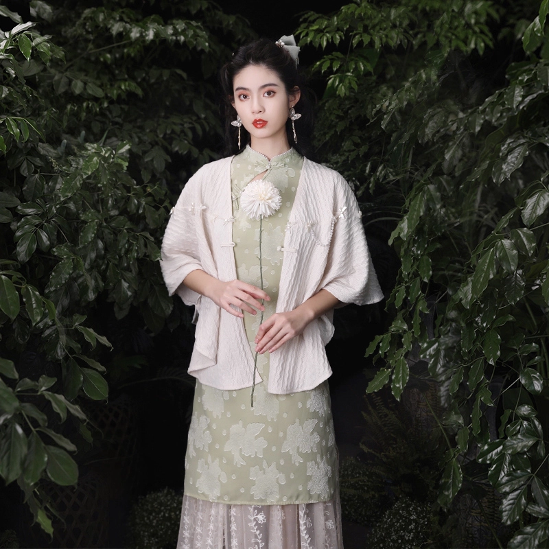 槿爷东方 姝月珠光 纯色蝴蝶结珠链流苏长方针织披风 女款 浅米色
