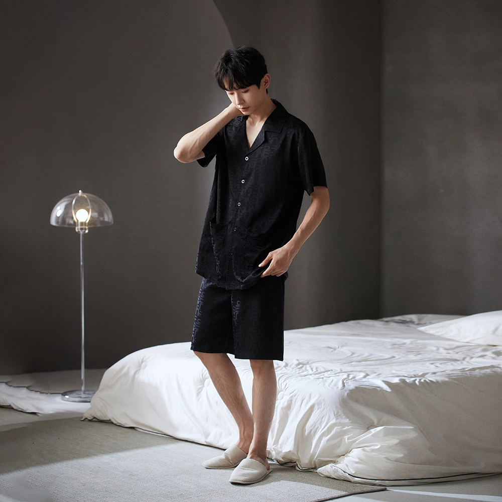 宫蝶 冰丝短袖家居服薄款复古满印可外穿大码睡衣套装 男款 黑色