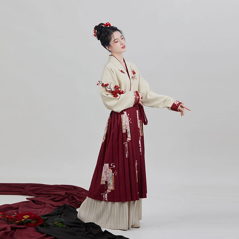织造司 四花牌 长褙子飞机袖合身中长款合围裙一片式褶裙 冬汉服 女款