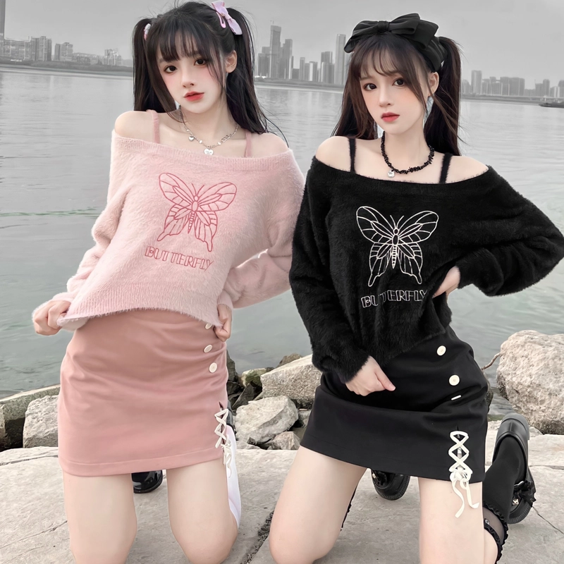 兔半眠 纯色印花挂脖毛衣包臀短裙制服裙装