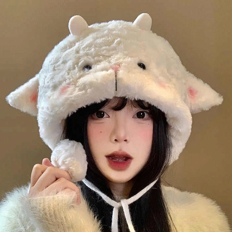 雅鹿 日系可爱小绵羊毛绒雷锋帽冬季保暖加厚甜美百搭学生加绒护耳帽 聚酯纤维 绒线帽 男女同款情侣款 礼盒装
