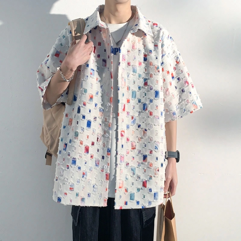 美式复古百搭破洞流苏方格满印宽松落肩尖领短袖衬衫 男女同款