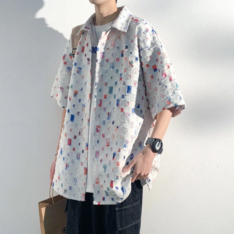 美式复古百搭破洞流苏方格满印宽松落肩尖领短袖衬衫 男女同款