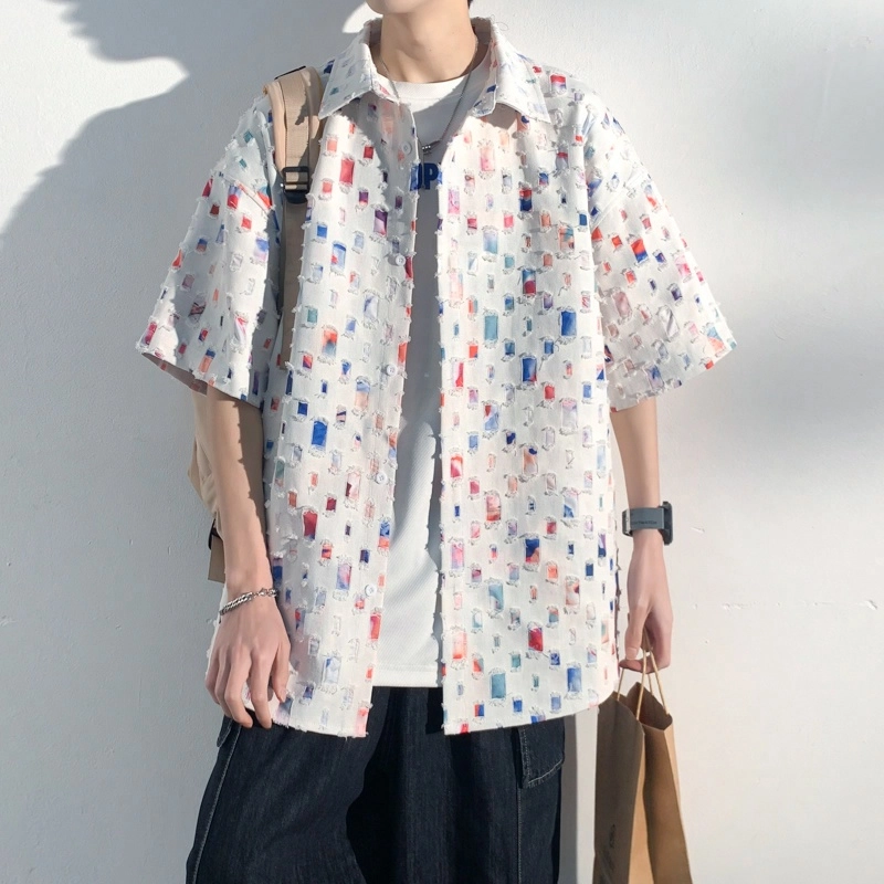 美式复古百搭破洞流苏方格满印宽松落肩尖领短袖衬衫 男女同款