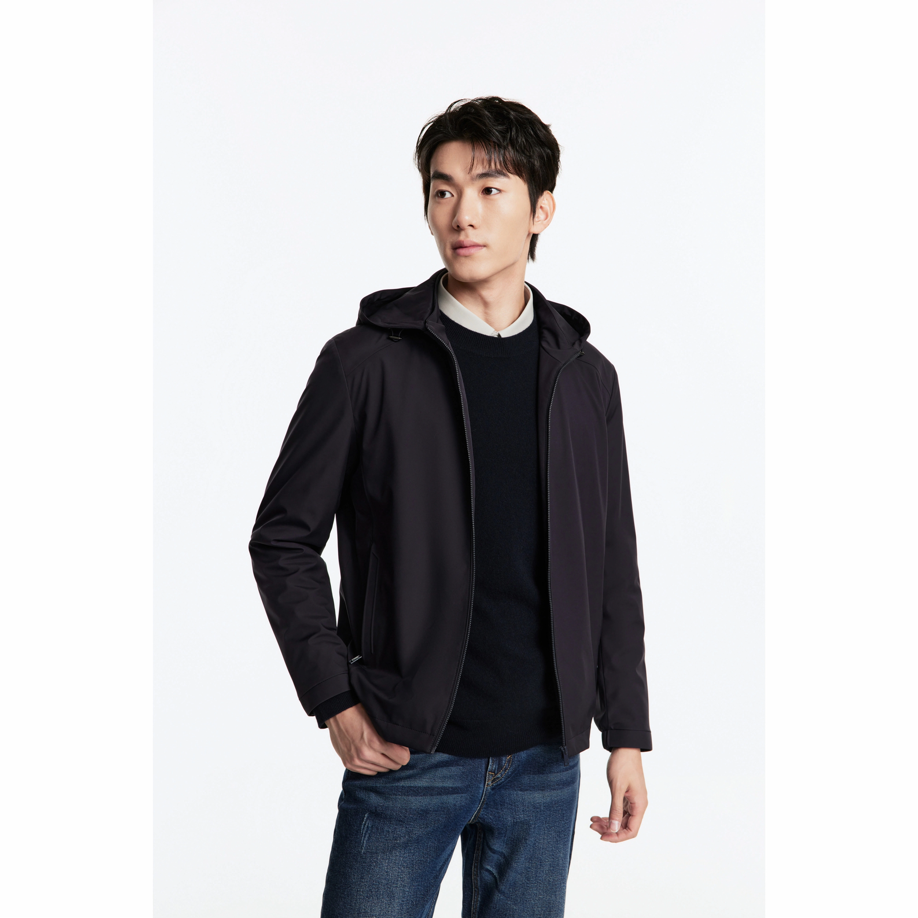 九牧王男裤专家 简约经典可脱卸帽拉链夹克外套 男款 藏青