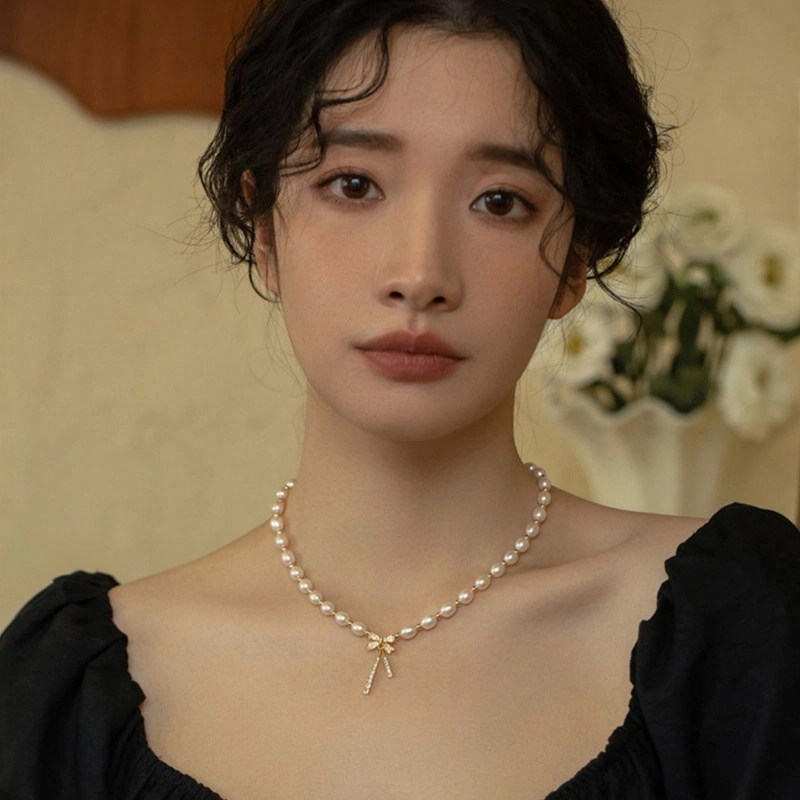 贝诗珠宝 甜美蝴蝶结珍珠锁骨链法式小众轻奢高级感甜美百搭闺蜜款显白显年轻 淡水珍珠 项链 女款