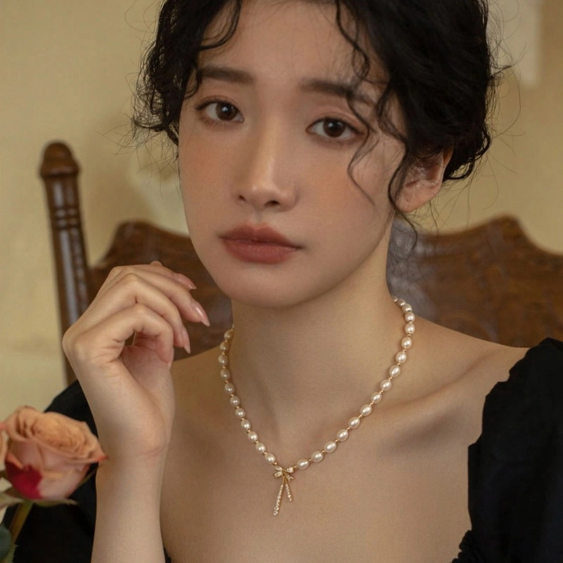 贝诗珠宝 甜美蝴蝶结珍珠锁骨链法式小众轻奢高级感甜美百搭闺蜜款显白显年轻 淡水珍珠 项链 女款