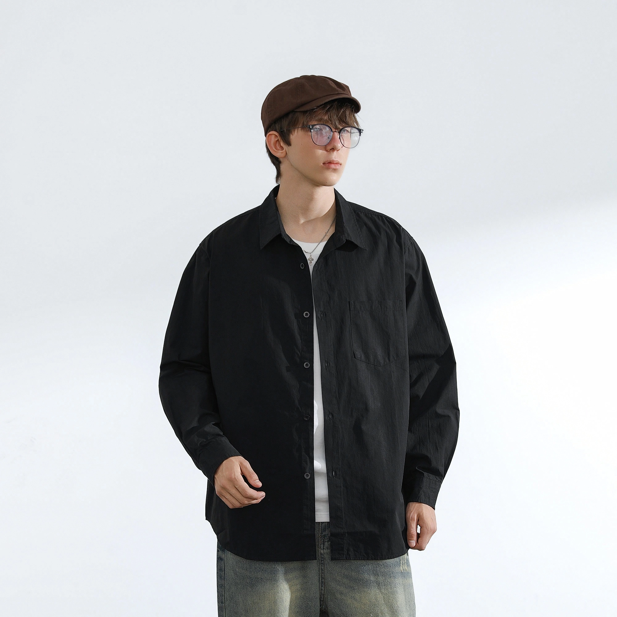 简约纯色基础款日常通勤休闲宽松长袖衬衫 男女同款