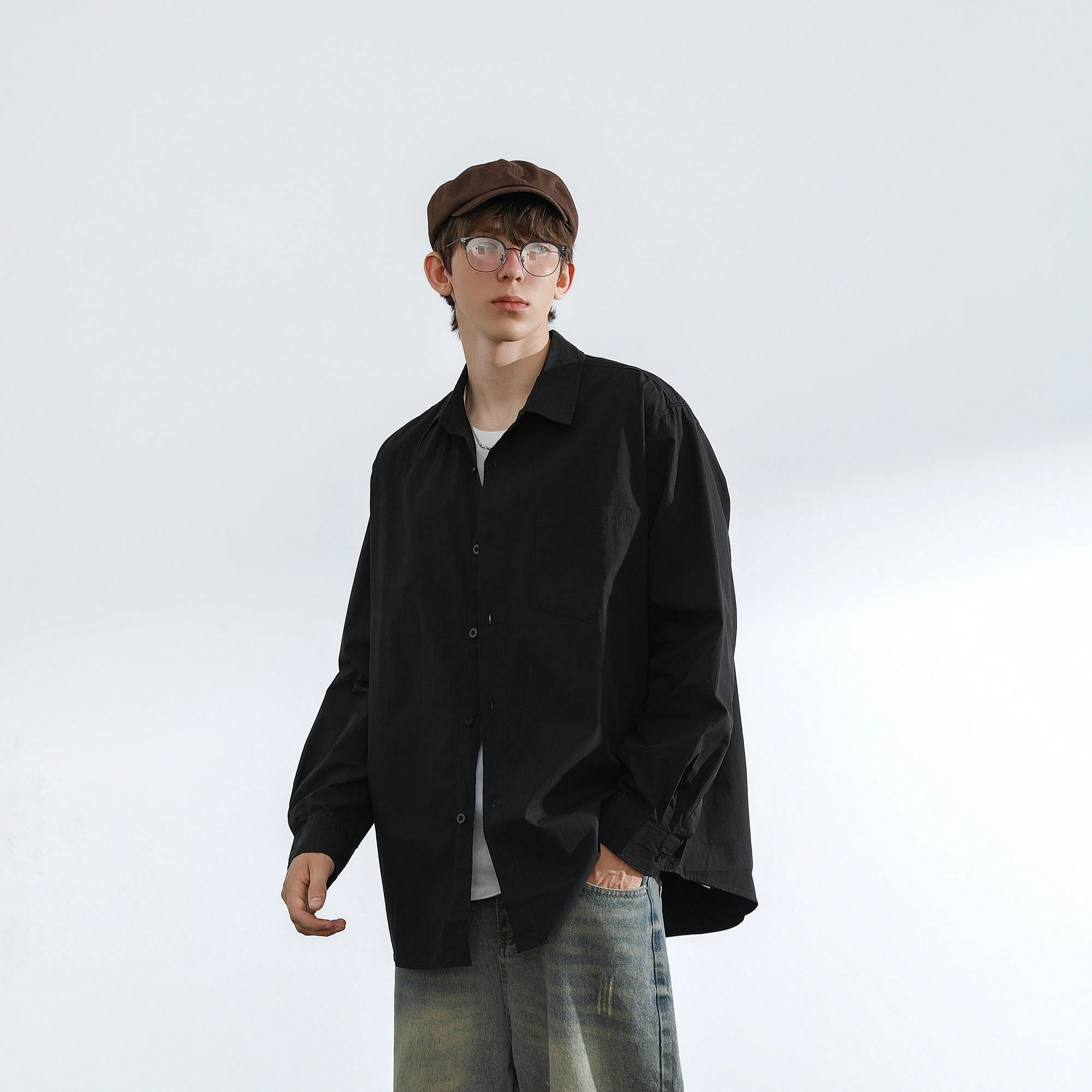 简约纯色基础款日常通勤休闲宽松长袖衬衫 男女同款