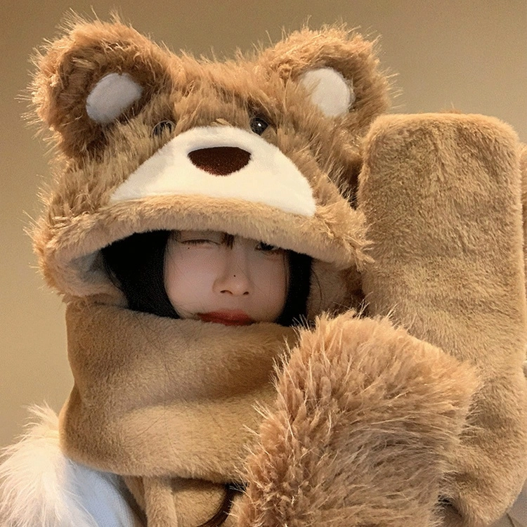 浪莎 冬季防寒卡通可爱毛绒小熊帽子围巾一体女生保暖围脖手套加绒三件套 涤纶 绒线帽 女款