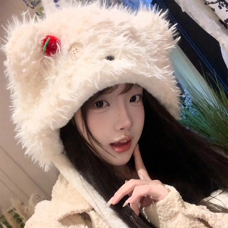 浪莎 可爱樱桃纽扣小熊毛绒帽冬季显脸小护耳帽加厚防寒保暖 涤纶 绒线帽 女款