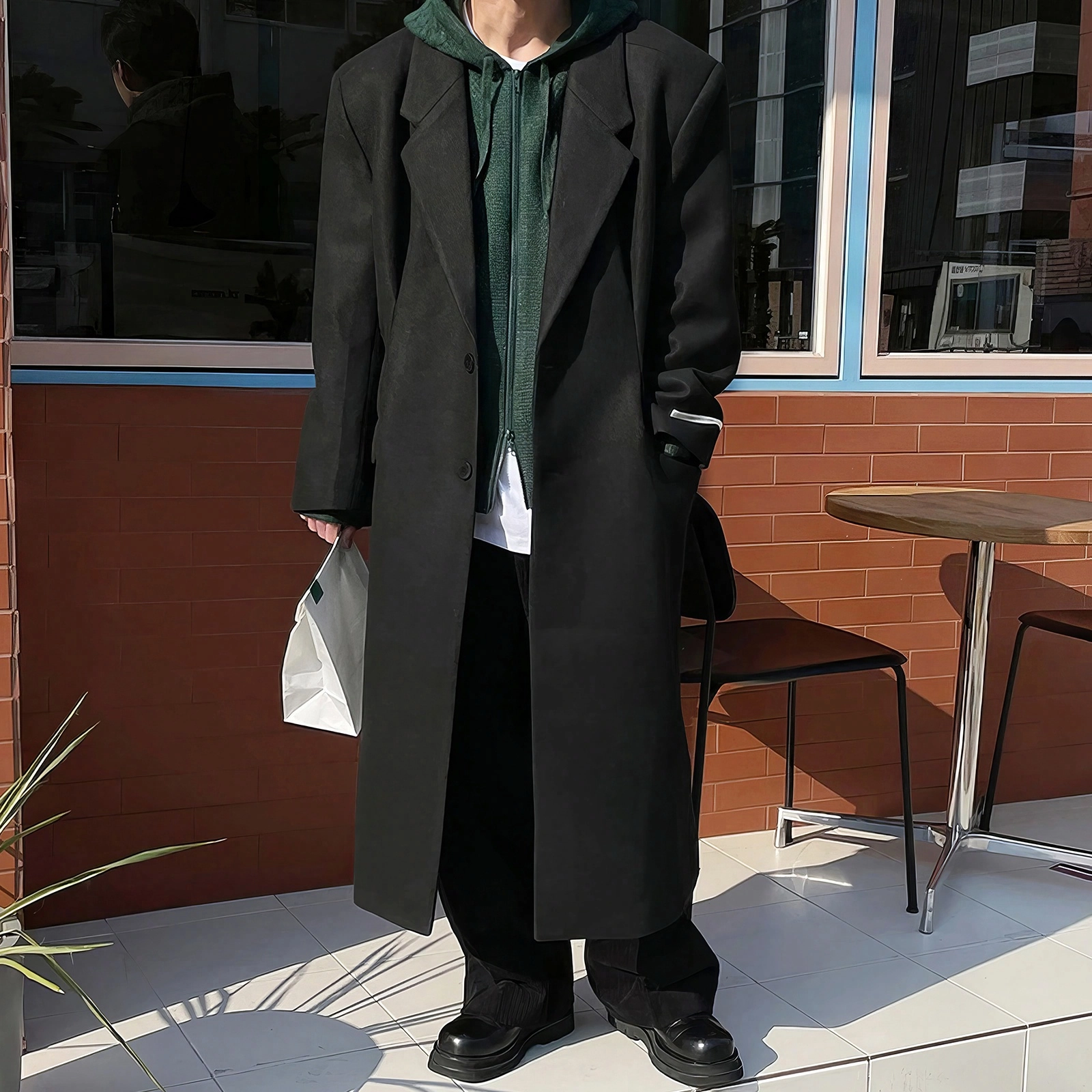 西装领单排扣毛呢长款过膝风衣外套大衣 男女同款