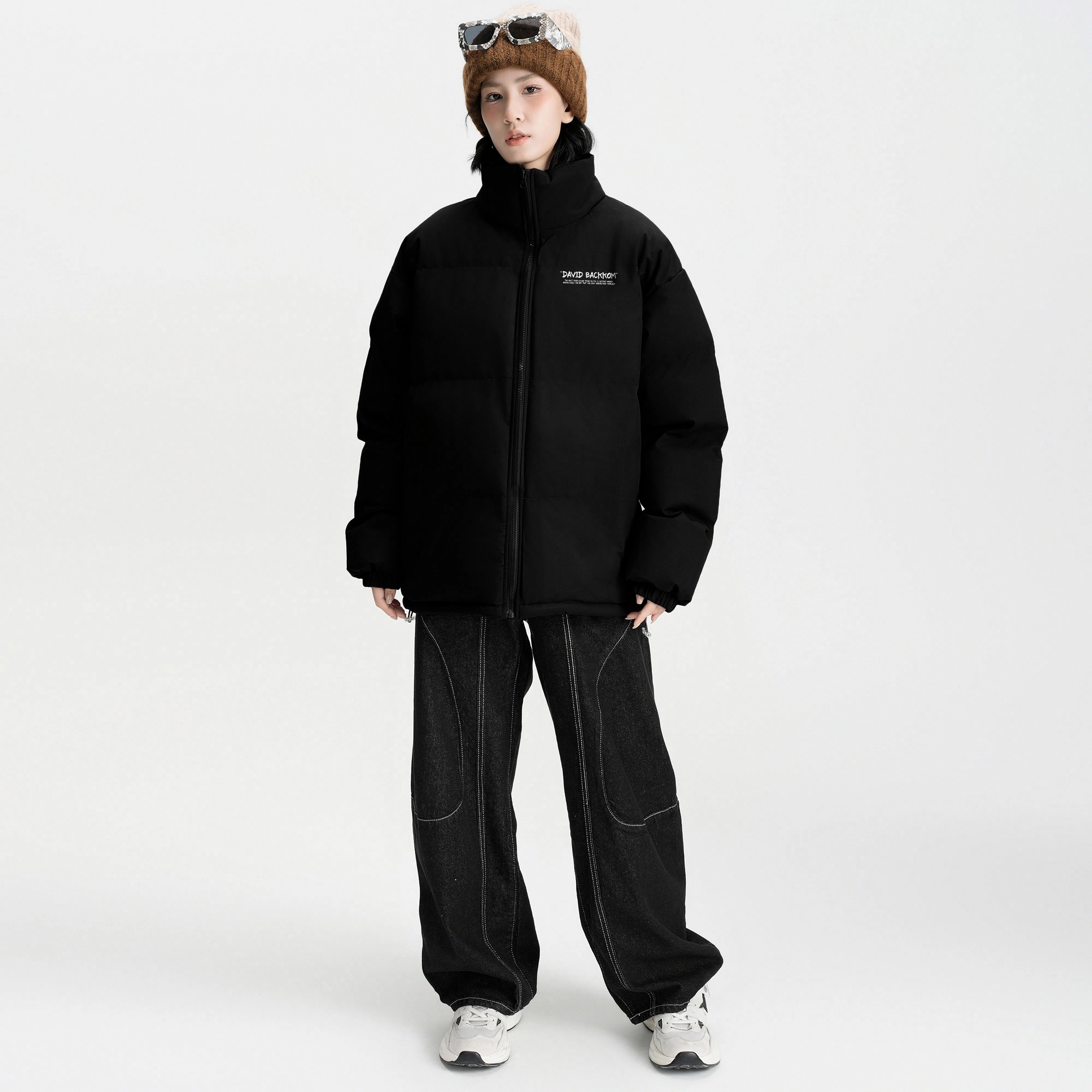 大卫贝肯 美式高街简约时尚立领宽松面包棉服外套纯色加绒保暖连帽卫衣直筒日常百搭垂感牛仔裤休闲运动套装 男女同款