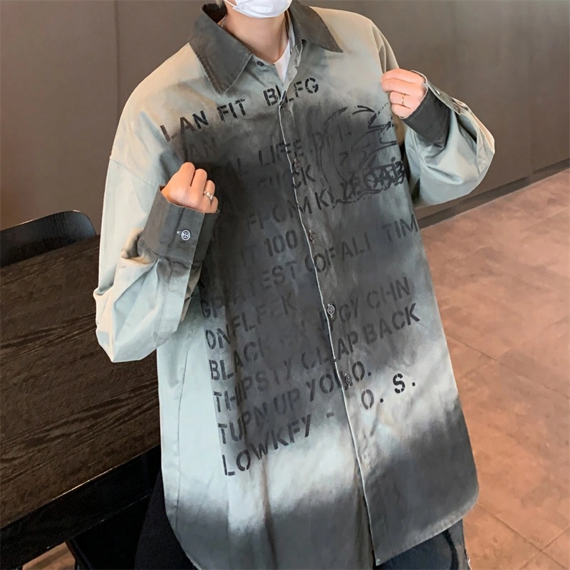 美式潮牌休闲巴黎风做旧百搭字母满印花高街长袖衬衫 男女同款 灰色