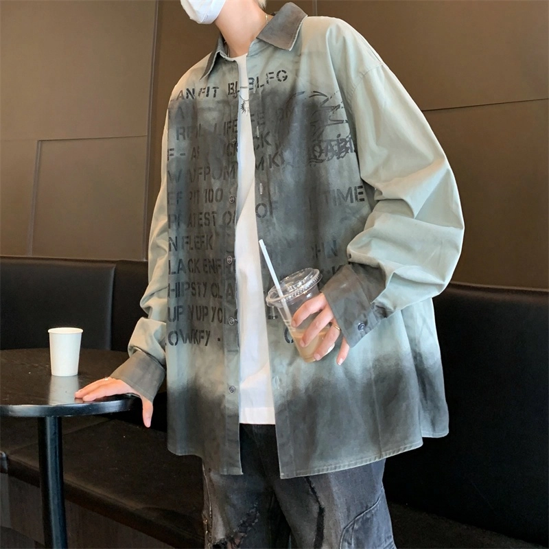 美式潮牌休闲巴黎风做旧百搭字母满印花高街长袖衬衫 男女同款 灰色