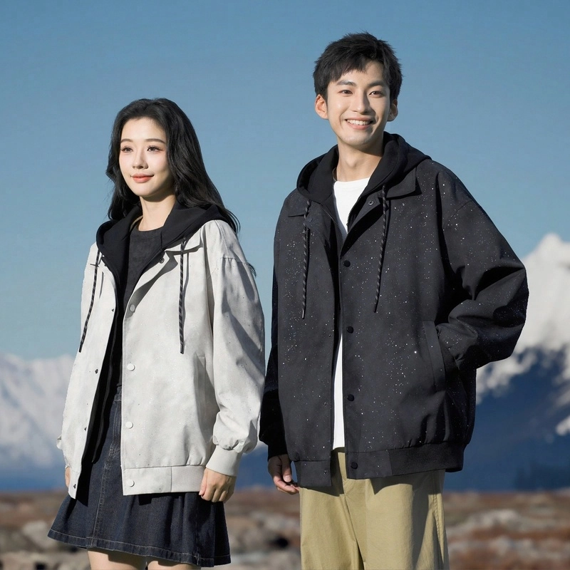 美式高街休闲假两件拼接撞色满天星烫钻亮片闪亮宽松百搭教练工装连帽夹克外套 通用