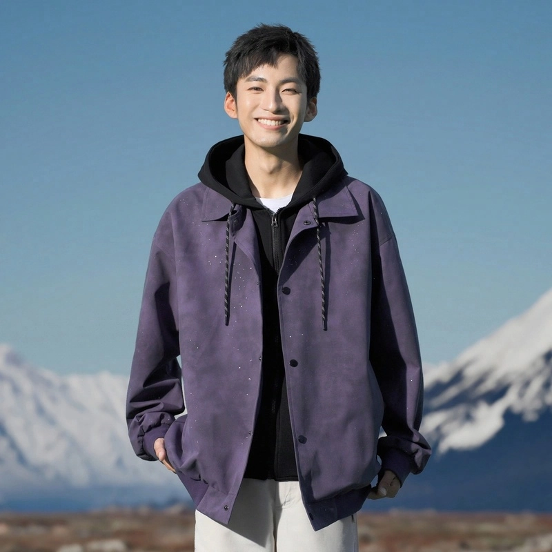 美式高街休闲假两件拼接撞色满天星烫钻亮片闪亮宽松百搭教练工装连帽夹克外套 通用