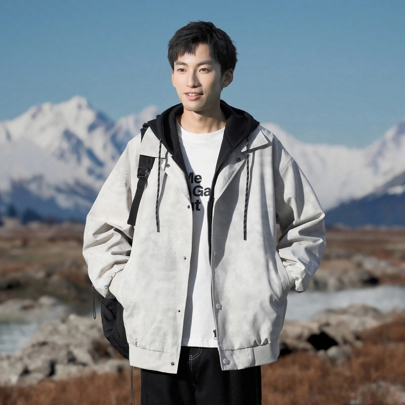 美式高街休闲假两件拼接撞色满天星烫钻亮片闪亮宽松百搭教练工装连帽夹克外套 通用