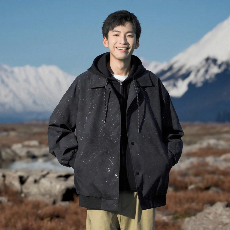 美式高街休闲假两件拼接撞色满天星烫钻亮片闪亮宽松百搭教练工装连帽夹克外套 通用