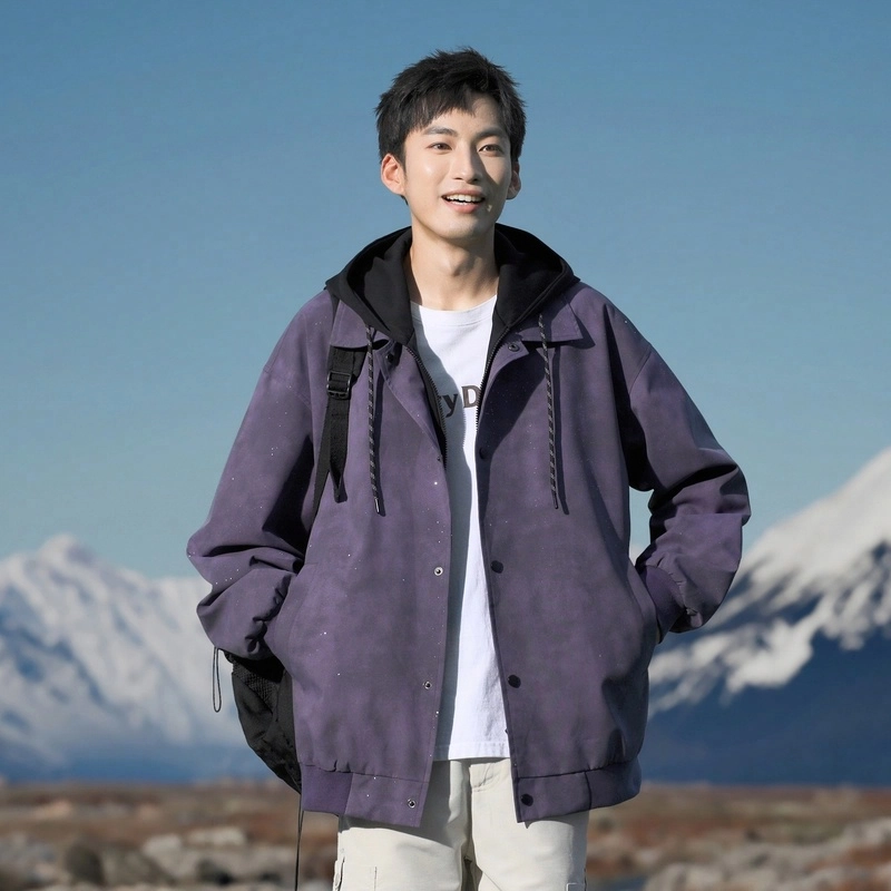 美式高街休闲假两件拼接撞色满天星烫钻亮片闪亮宽松百搭教练工装连帽夹克外套 通用