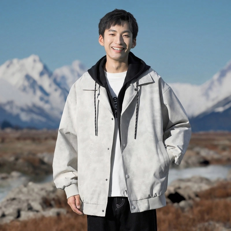 美式高街休闲假两件拼接撞色满天星烫钻亮片闪亮宽松百搭教练工装连帽夹克外套 通用