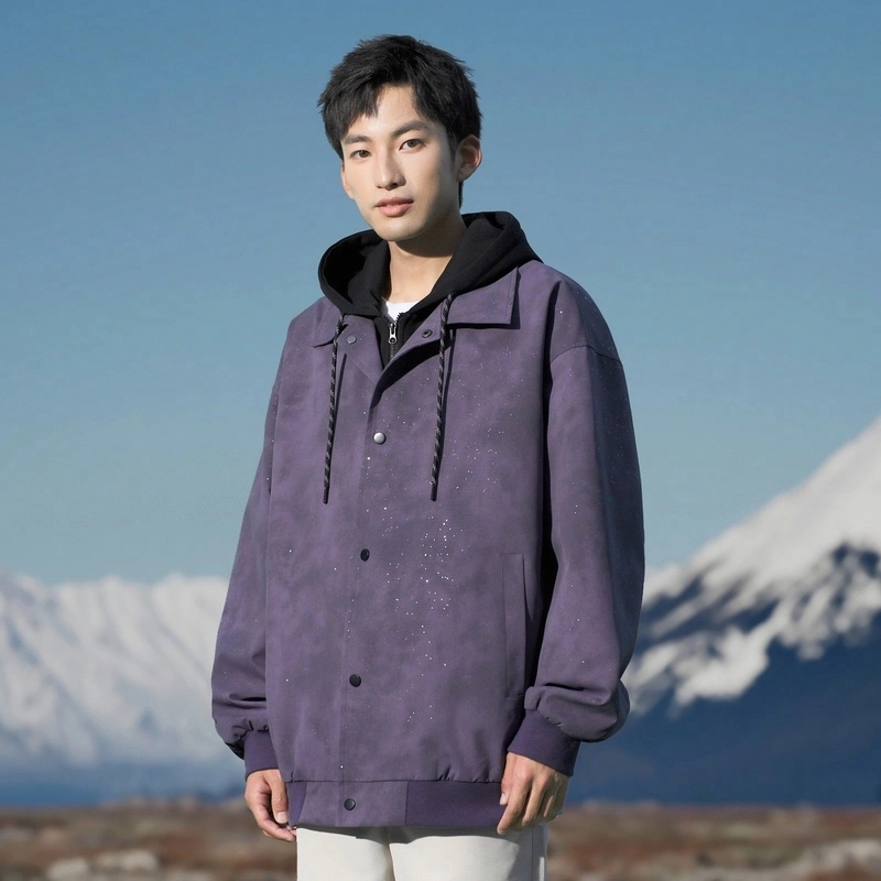 美式高街休闲假两件拼接撞色满天星烫钻亮片闪亮宽松百搭教练工装连帽夹克外套 通用
