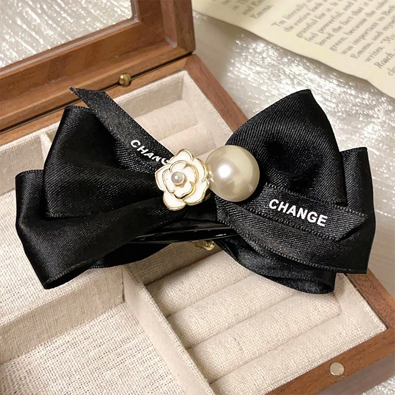 零界 蝴蝶结山茶花缎面亮黑 复古浪漫法式甜美发饰 亚克力 发夹 女款