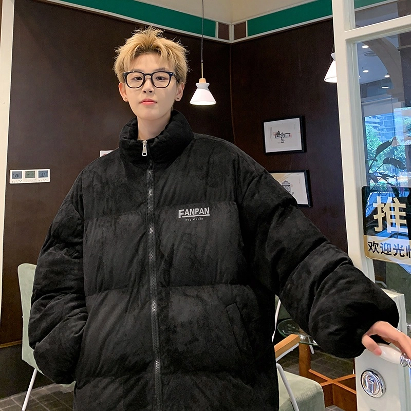 玉儿恋 美式复古高街纯色宽松落肩立领加绒加厚毛绒感面包棉服 男女同款