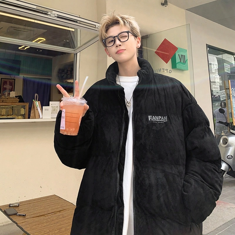 玉儿恋 美式复古高街纯色宽松落肩立领加绒加厚毛绒感面包棉服 男女同款