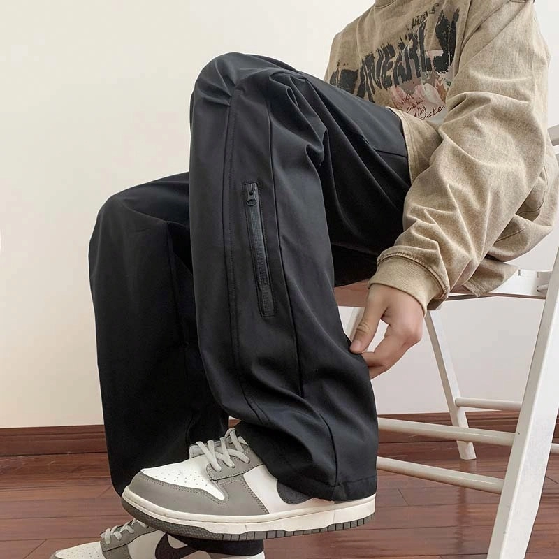 玉儿恋 可选加绒 美式高街侧拉链褶皱款防风防水运动户外机能跑步冲锋裤纯色基础款宽松弯刀直筒休闲裤 男女同款
