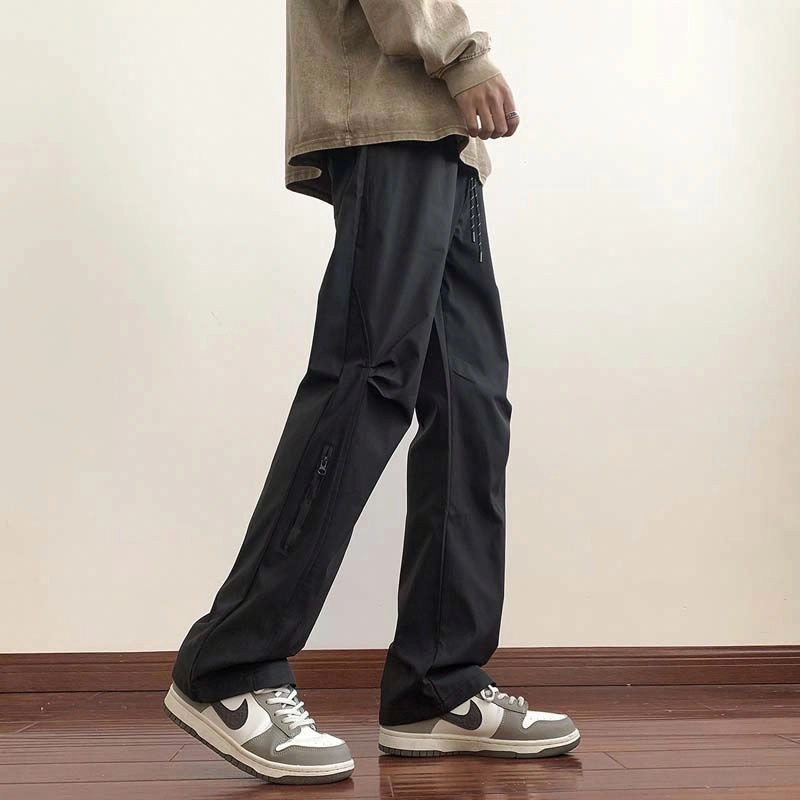 玉儿恋 可选加绒 美式高街侧拉链褶皱款防风防水运动户外机能跑步冲锋裤纯色基础款宽松弯刀直筒休闲裤 男女同款